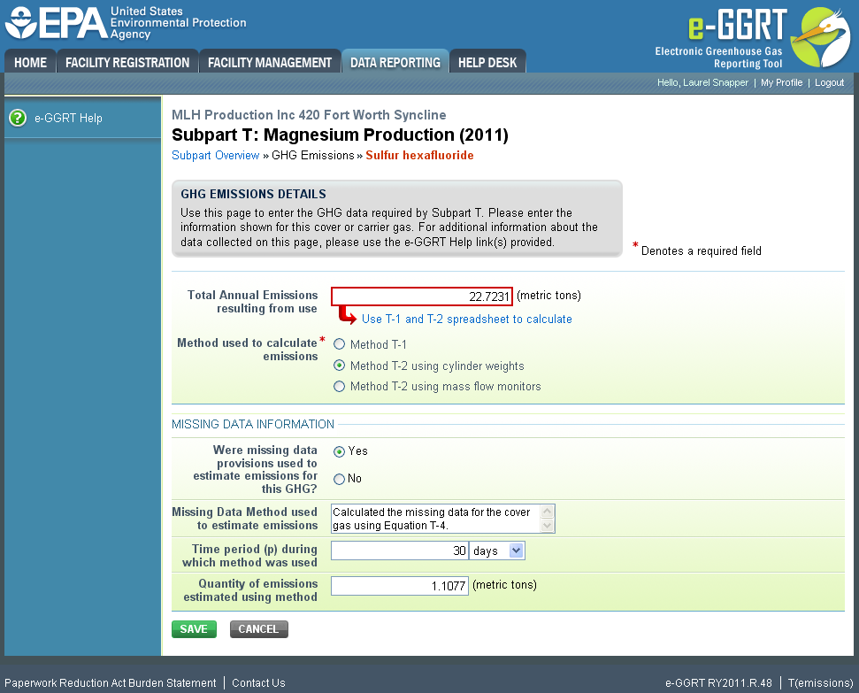 Subpart T: Step 3 - Enter emissions information